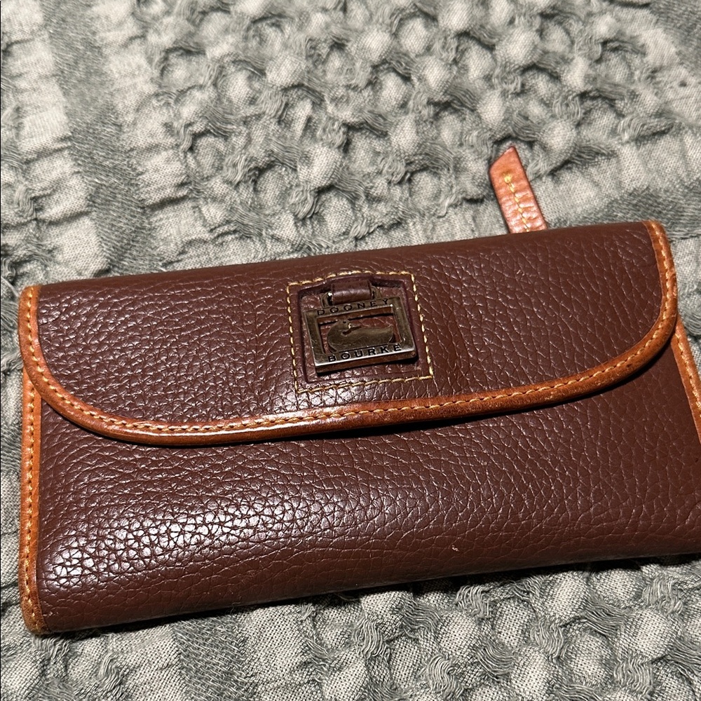Dooney & Bourke Dark Brown Pebbled Leather Continental Wallet with Tan Trim